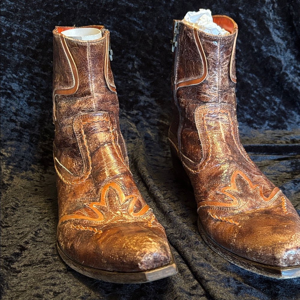 Mark Nason Distressed Brown Leather Cowboy Zip Boots